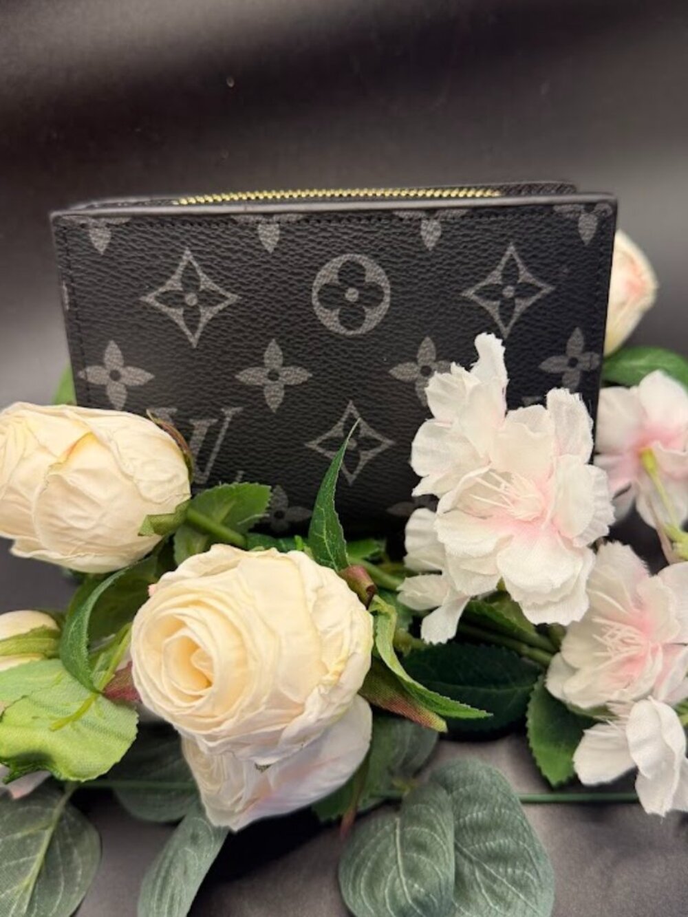 Black Compact Wallet Card Holder Zip Coin Purse Luxury Designer Style